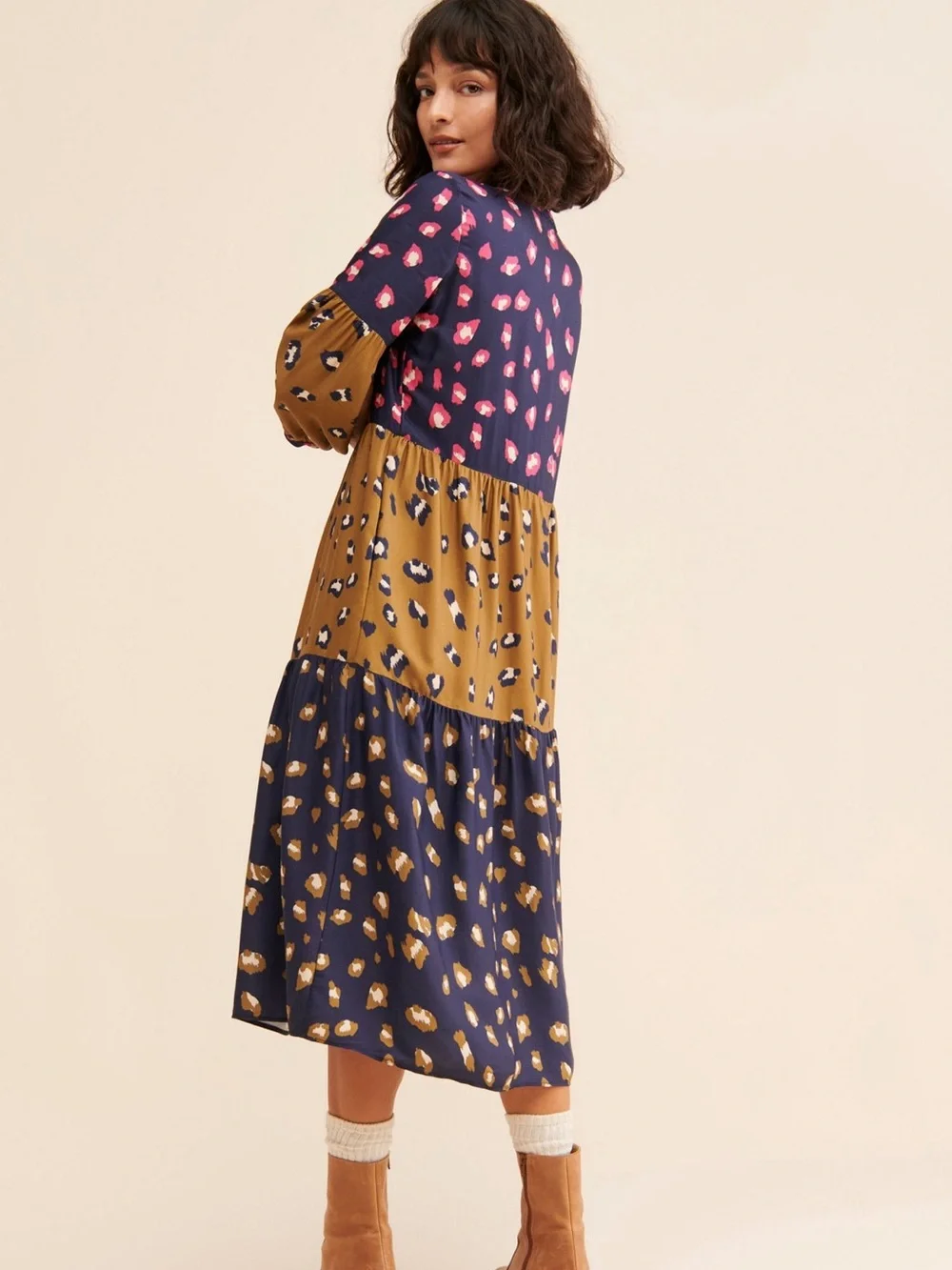 Free People Mixed-Print Tiered Midi Dress in Black, Mustard & Pink